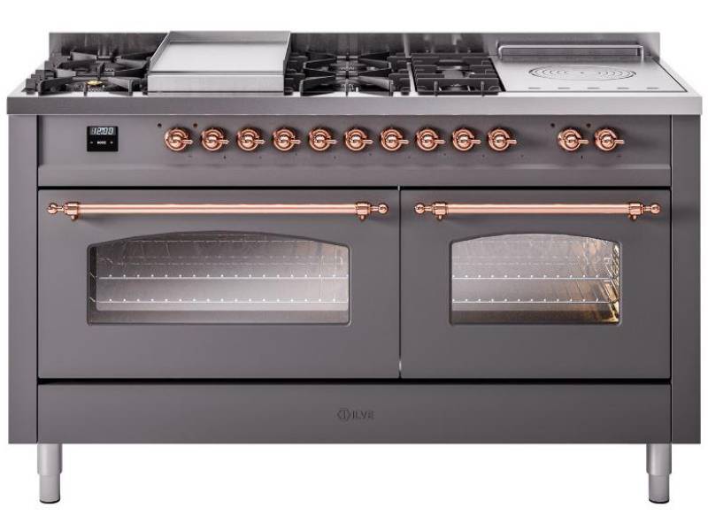 60" ILVE Nostalgie II Dual Fuel Natural Gas Freestanding Range in Matte Graphite  with Copper Trim - UP60FSNMP/MGP NG
