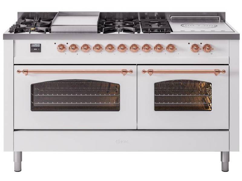 60" ILVE Nostalgie II Dual Fuel Natural Gas Freestanding Range in White with Copper Trim - UP60FSNMP/WHP NG