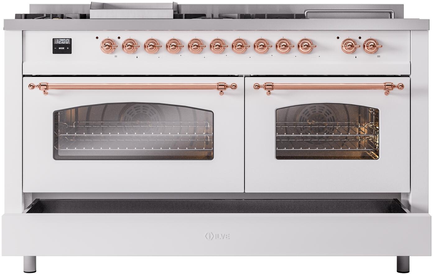 60" ILVE Nostalgie II Dual Fuel Natural Gas Freestanding Range in White with Copper Trim - UP60FSNMP/WHP NG