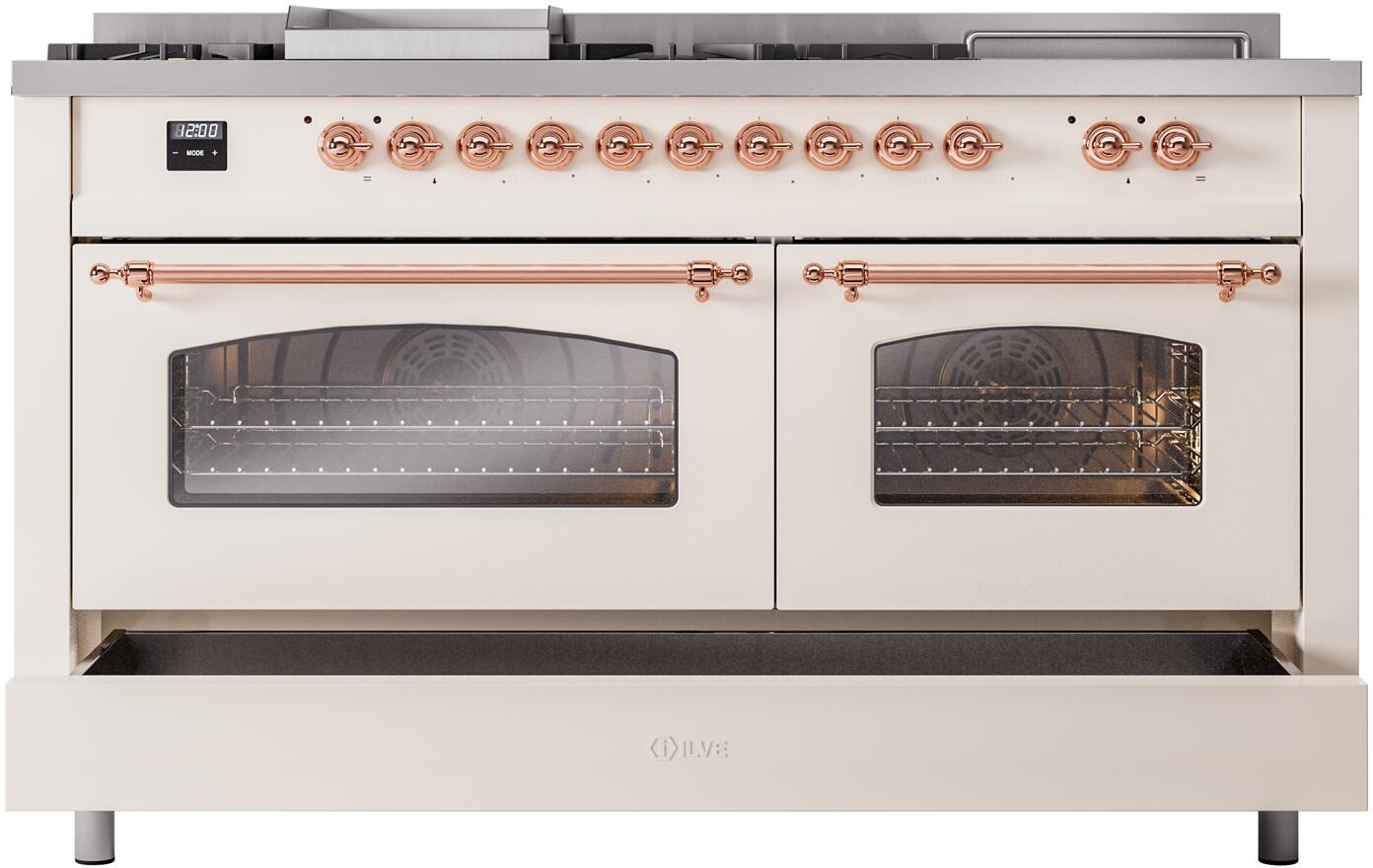 60" ILVE Nostalgie II Dual Fuel Natural Gas Freestanding Range in Antique White with Copper Trim - UP60FSNMP/AWP NG