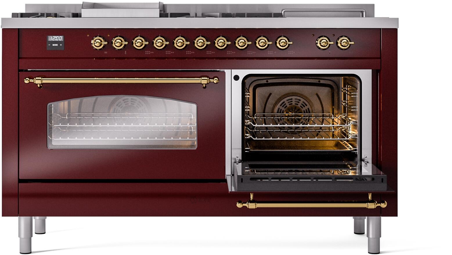60" ILVE Nostalgie II Dual Fuel Liquid Propane Freestanding Range in  Burgundy with Brass Trim - UP60FSNMP/BUG LP