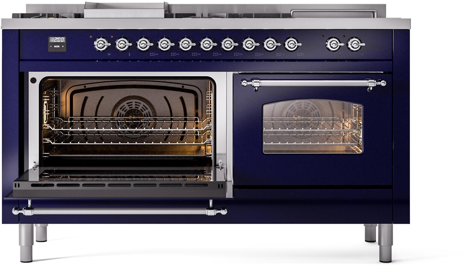 60" ILVE Nostalgie II Dual Fuel Liquid Propane Freestanding Range in Blue with Chrome Trim - UP60FSNMP/MBC LP