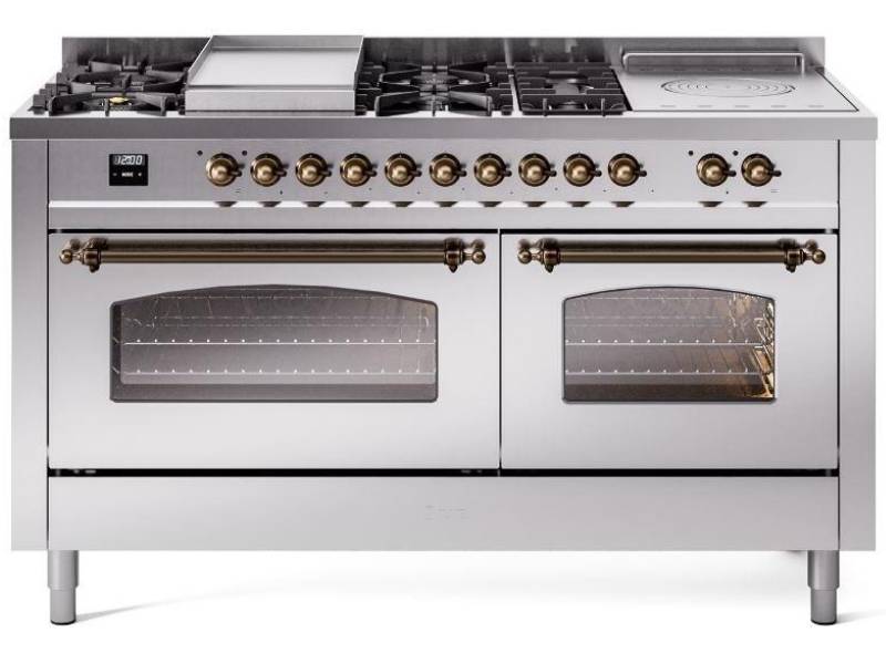 60" ILVE Nostalgie II Dual Fuel Liquid Propane Freestanding Range in Stainless Steel with Bronze Trim - UP60FSNMP/SSB LP