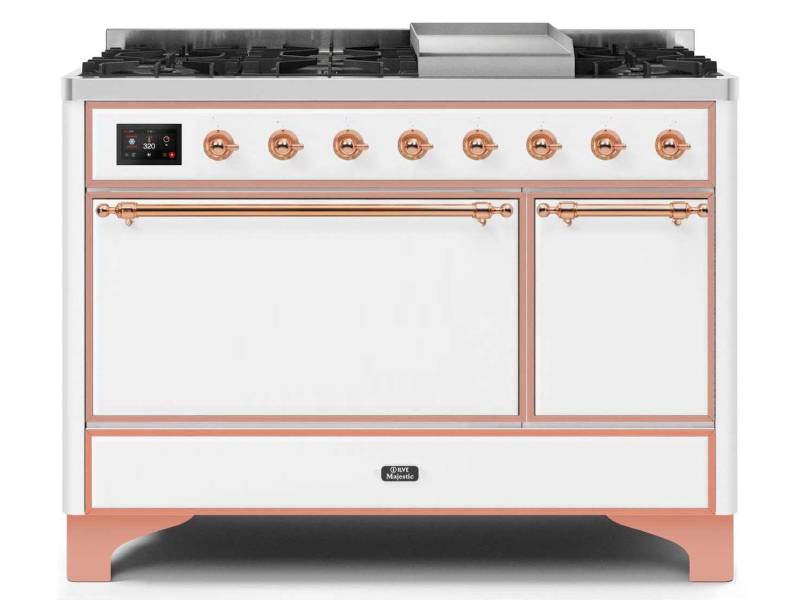 48" ILVE Majestic II Dual Fuel Natural Gas Freestanding Range in White with Copper Trim - UM12FDQNS3/WHP NG