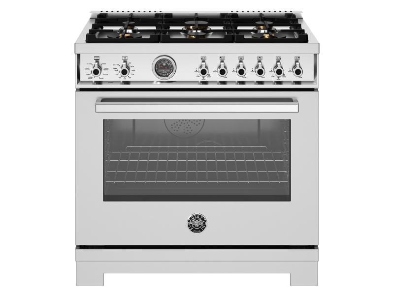 36" Bertazzoni Dual Fuel Range with 6 Brass Burners Cast Iron Griddle and Electric Self-Clean Oven - PRO366BCFEPXT
