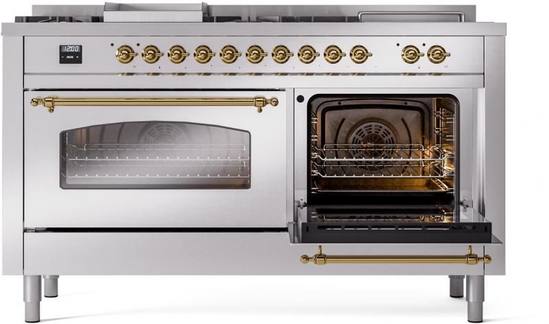 60" ILVE Nostalgie II Dual Fuel Natural Gas Freestanding Range in Stainless Steel with Brass Trim - UP60FSNMP/SSG NG