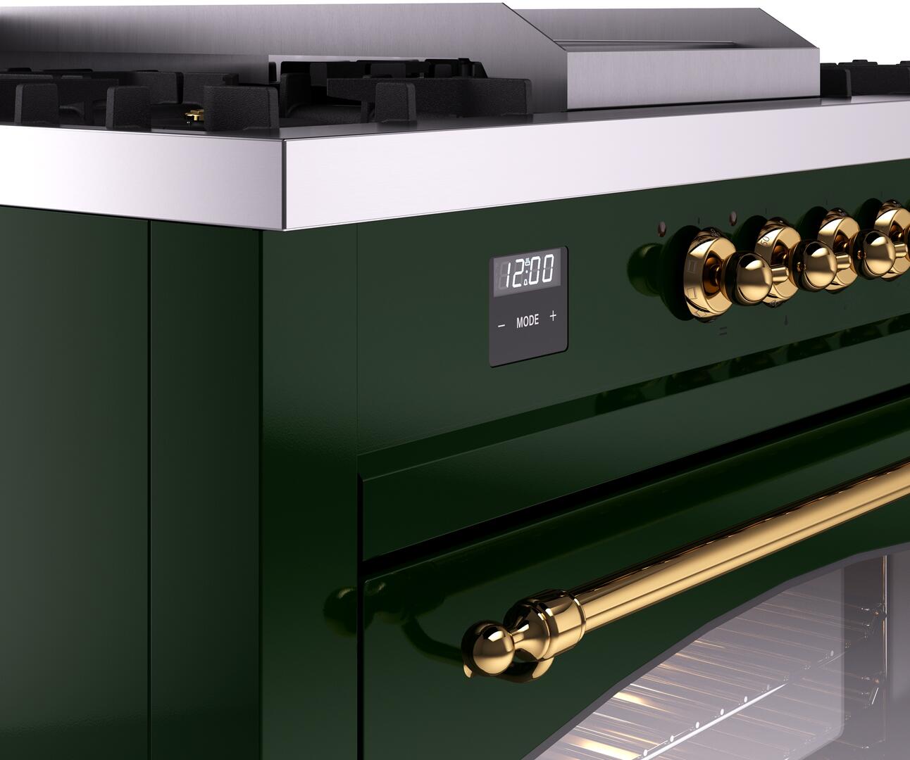 60" ILVE Nostalgie II Dual Fuel Natural Gas Freestanding Range in Emerald Green with Brass Trim - UP60FSNMP/EGG NG