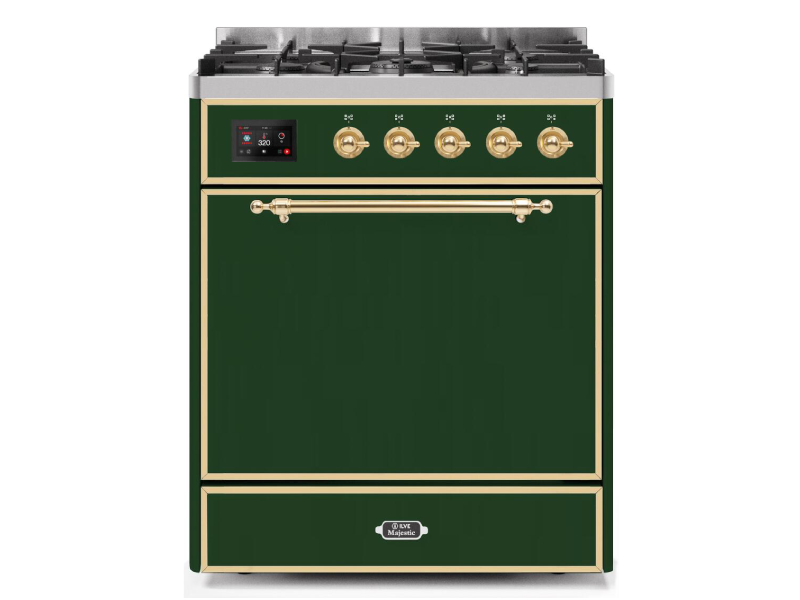 30" ILVE Majestic II Dual Fuel Freestanding Range in Emerald Green with Brass Trim -UM30DQNE3/EGG LP