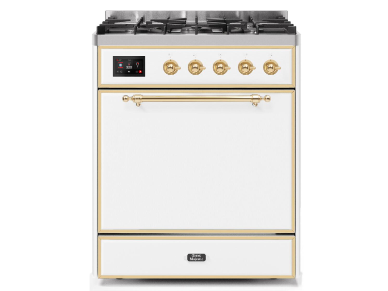 30" ILVE Majestic II Dual Fuel Freestanding Range in White with Brass Trim - UM30DQNE3/WHG LP