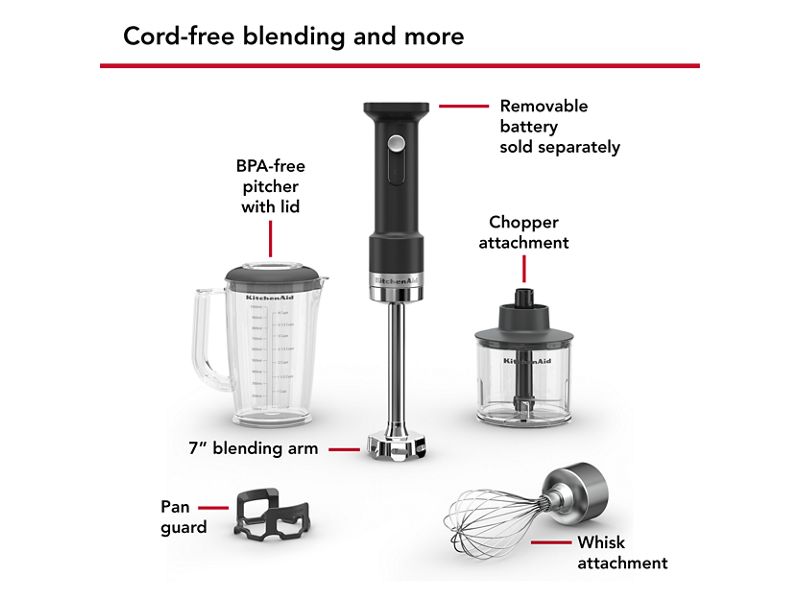 KitchenAid Go Cordless Hand Blender with Accessories - Battery Sold Separately - KHBRV05BM
