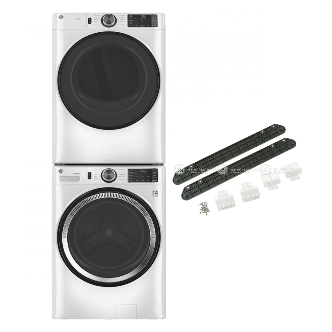 28" GE 5.5 Cu. Ft. (IEC) Washer 7.8 Cu. Ft. Dryer and Stacking Kit - GFA28KITN-GFW550SMNWW-GFD55ESMNWW