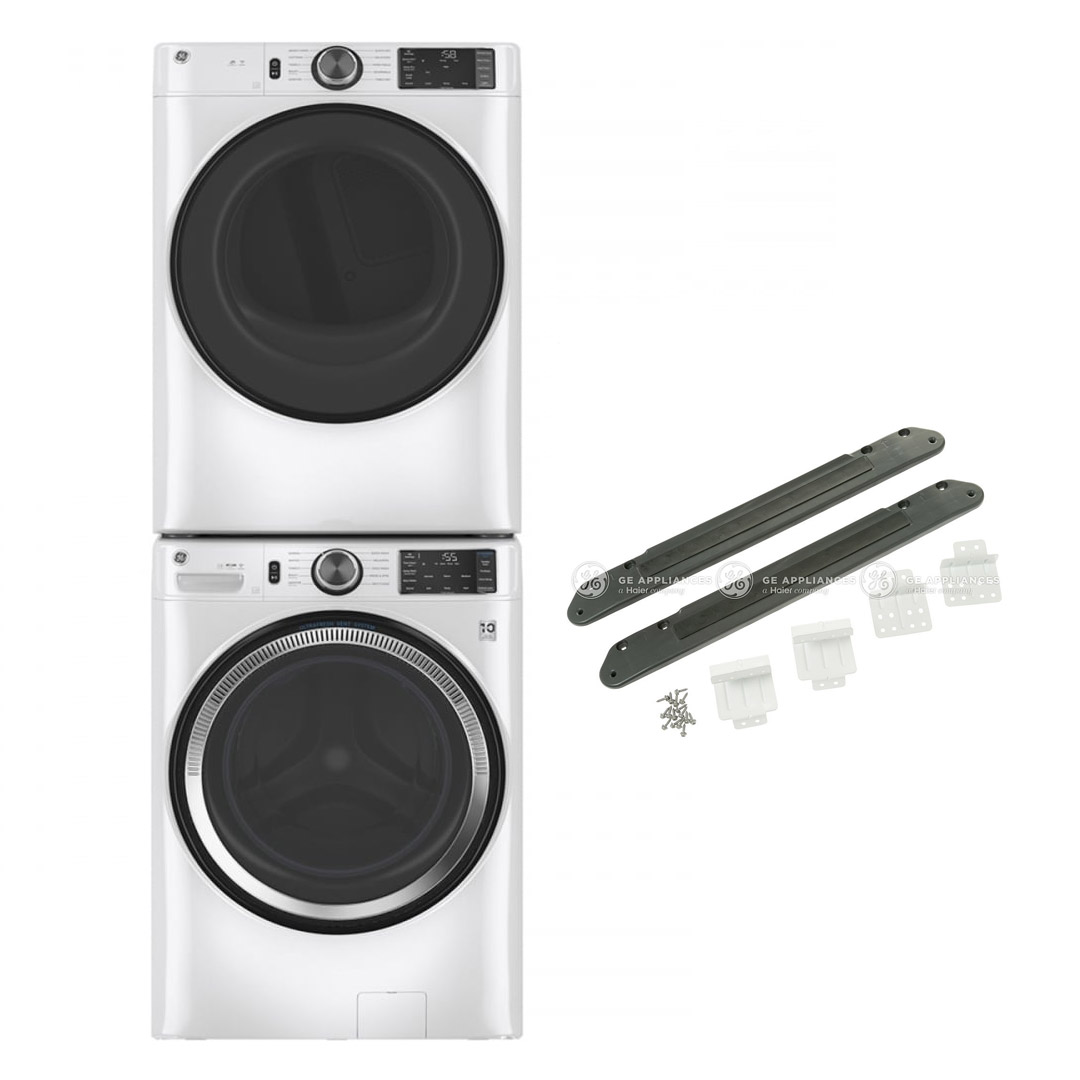28" GE 5.5 Cu. Ft. (IEC) Washer 7.8 Cu. Ft. Dryer and Stacking Kit - GFA28KITN-GFW550SMNWW-GFD55GSSNWW