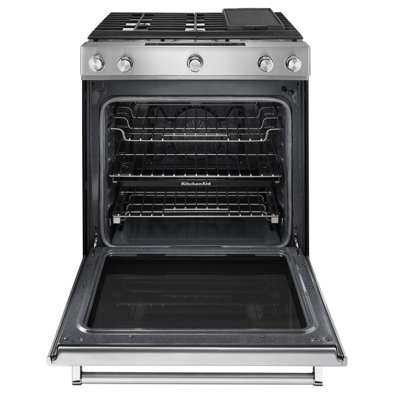 30" KitchenAid 6.5 Cu. Ft. 5 Burner Front Control Gas Convection Range With Baking Drawer - KSGB900ESS