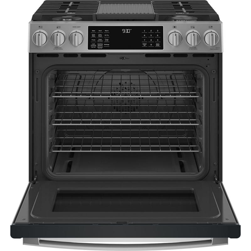 30" GE Profile 5.6 Cu. Ft. Slide-In Convection Gas Range With WiFi Connect In Stainless Steel - PCGS930YPFS